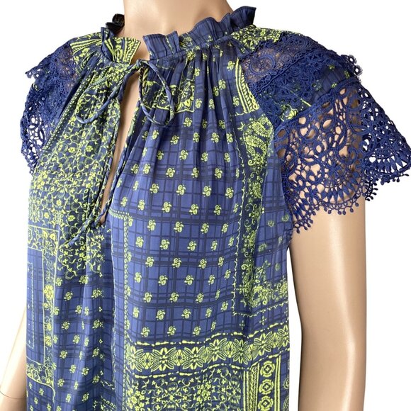 Current Air Anthropologie Top Size XS XSmall Bandana Print Blue Green Lace Sleev - Picture 7 of 10